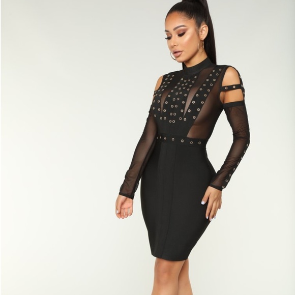 Black Bandage Dress with Sheer Detail - Picture 2 of 6